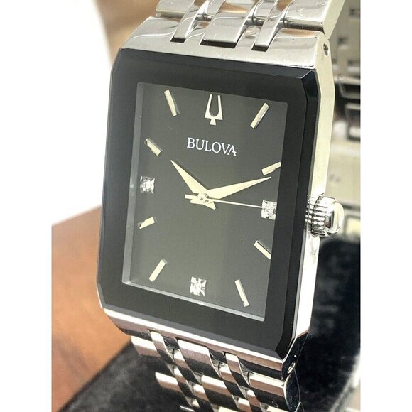 Bulova Men's Watch 96D145 Quartz Diamond Black Dial Rectangle Silver Ste… - Picture 12 of 13